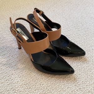 Halogen Hamarissa sling backs, black patent and tan leather Size 7.5